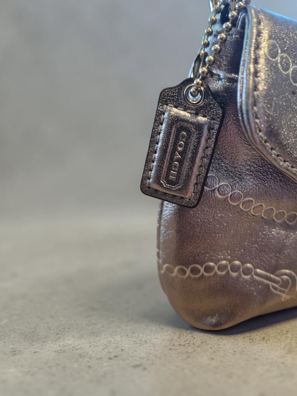 Coach Leather Metallic Silver Chain-Embossed Demi Flap Shoulder Bag - Picture 5 of 8